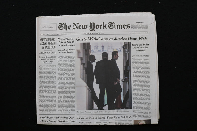 2024 NOVEMBER 22 NEW YORK TIMES - GAETZ WITHDRAWS AS JUSTICE DEPT. PICK