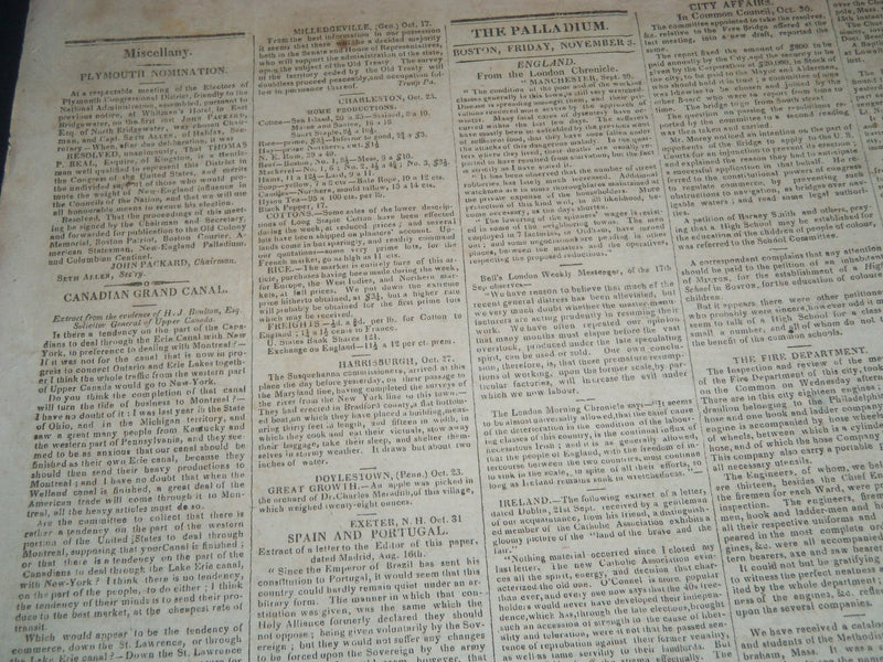 1826 NOVEMBER 3 NEW ENGLAND PALLADIUM & COMMERCIAL ADVERTISER - NP 3979