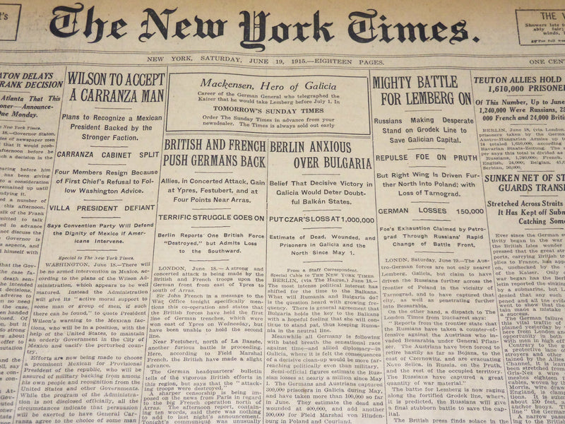 1915 JUNE 19 NEW YORK TIMES NEWSPAPER - MIGHTY BATTLE FOR LEMBERG ON - NT 7713