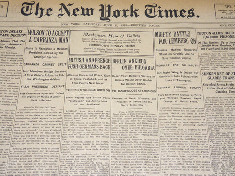 1915 JUNE 19 NEW YORK TIMES NEWSPAPER - MIGHTY BATTLE FOR LEMBERG ON - NT 7713