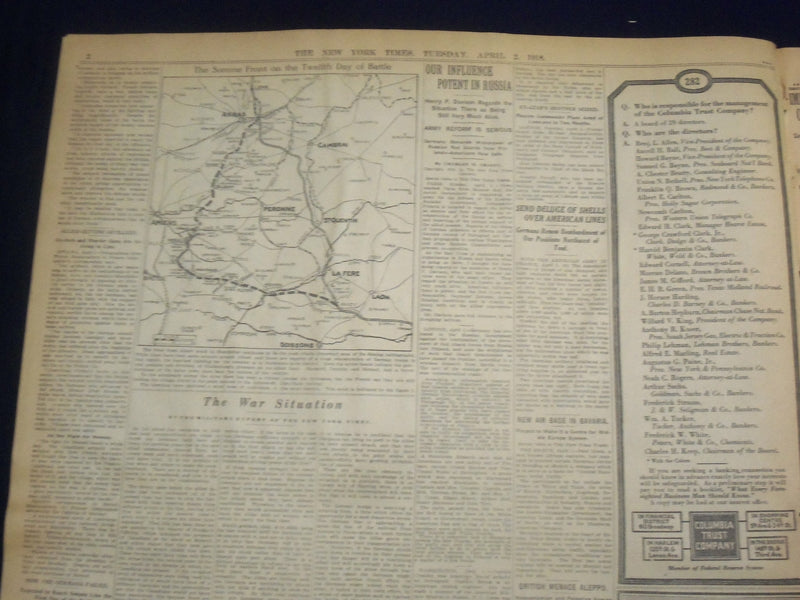 1918 APRIL 2 NEW YORK TIMES - GERMANS MASSING TROOPS NEAR ALBERT - NT 8199