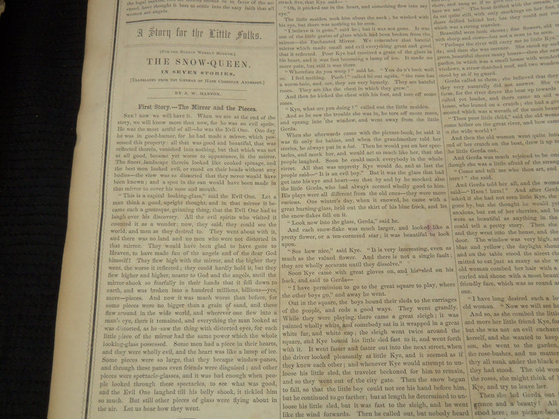 1850 DECEMBER 28 BOSTON MUSEUM NEWSPAPER - SNOW SQUEEN ANDERSEN - NP 9038