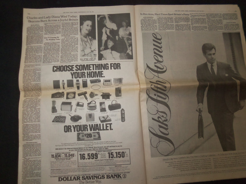 1981 JULY 29 NEW YORK TIMES NEWSPAPER - PRINCE CHARLES & DIANA TO MARRY- NP 8399