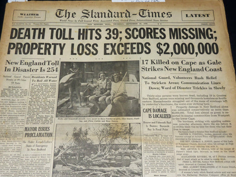 1938 SEPTEMBER 22 NEW BEDFORD STANDARD TIMES - 17 KILLED IN CAPE - NT 8910