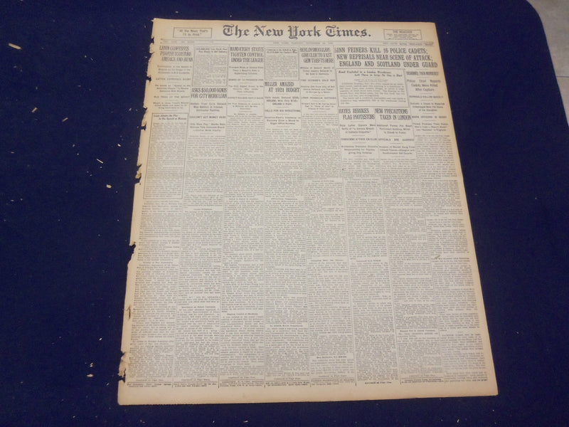 1920 NOVEMBER 30 NEW YORK TIMES - SINN FEINERS KILL 16 POLICE CADETS - NT 8456