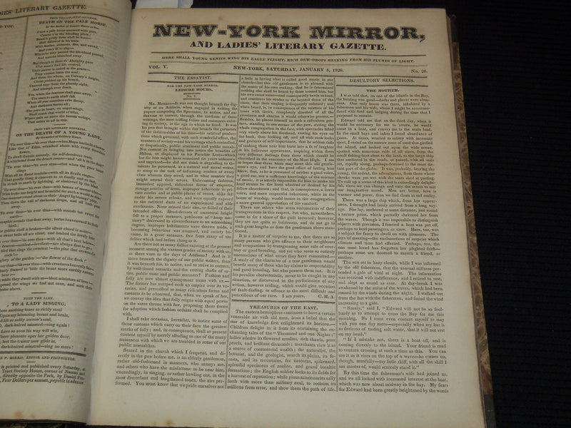 1827-1828 NEW YORK MIRROR AND LADIES GAZETTE BOUND VOLUME - R 89D