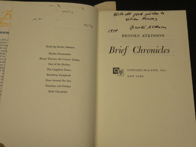 1966 BRIEF CHRONICLES HARDCOVER BOOK INSCRIBED BY BROOKS ATKINSON - D 415