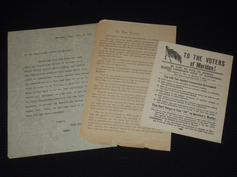 1916 MERIDEN CONN. POLITICAL LITERATURE LOT OF 3 - J 9537