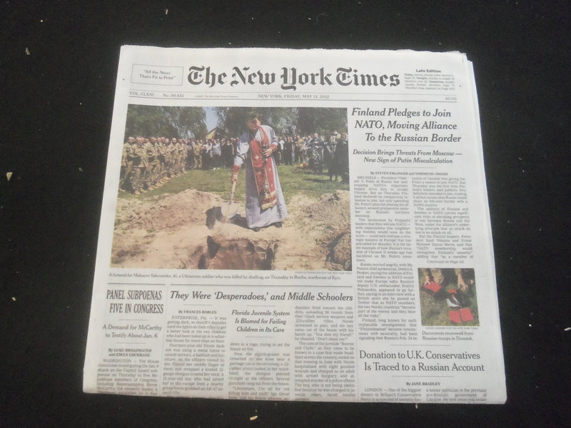 2022 MAY 13 NEW YORK TIMES - FINLAND PLEDGES TO JOIN NATO, MOVING ALLIANCE