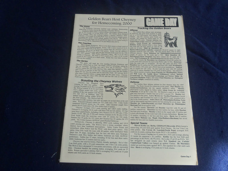 2000 OCT 21 FOOTBALL PROGRAM - KUTZTOWN UNIV VS CHEYNEY UNIV - SP 1218Y