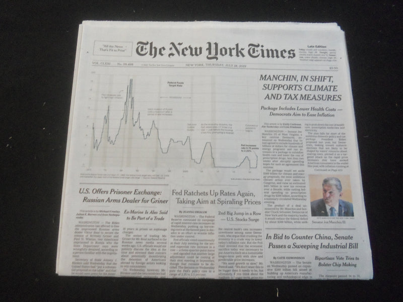 2022 JULY 28 NEW YORK TIMES - MANCHIN, IN SHIFT, SUPPORTS CLIMATE & TAX MEASURES