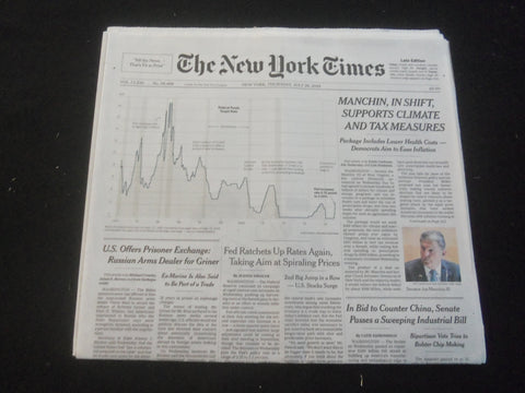 2022 JULY 28 NEW YORK TIMES - MANCHIN, IN SHIFT, SUPPORTS CLIMATE & TAX MEASURES