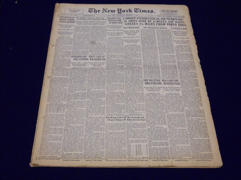 1940 DEC 4 NEW YORK TIMES NEWSPAPER - 18 SHIPS SUNK BY U-BOATS - NT 26