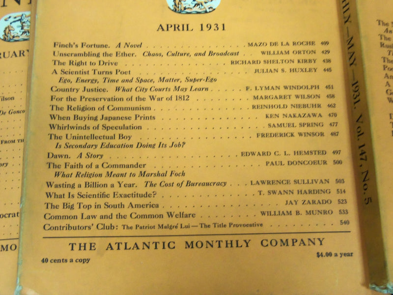 1931 THE ATLANTIC MONTHLY MAGAZINE LOT 12 ISSUES - STORIES & ARTICLES - WR 450G