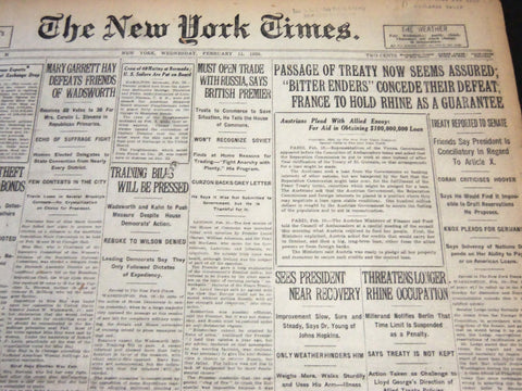 1920 FEBRUARY 11 NEW YORK TIMES - PASSAGE OF TREATY NOW SEEMS ASSURED - NT 5877