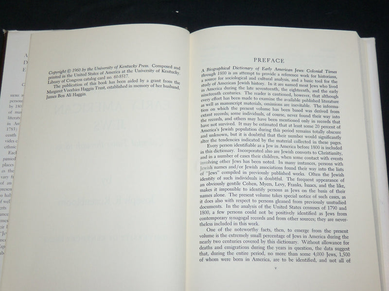 1960 A BIOGRAPHICAL DICTIONARY OF EARLY AMERICAN JEWS BOOK ROSENBLOM- KD 2762W