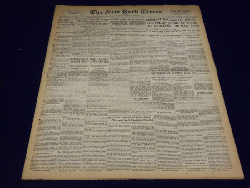 1938 NOV 19 NEW YORK TIMES - GERMANY RECALLS ITS ENVOY, JOHN L. LEWIS - NT 2400