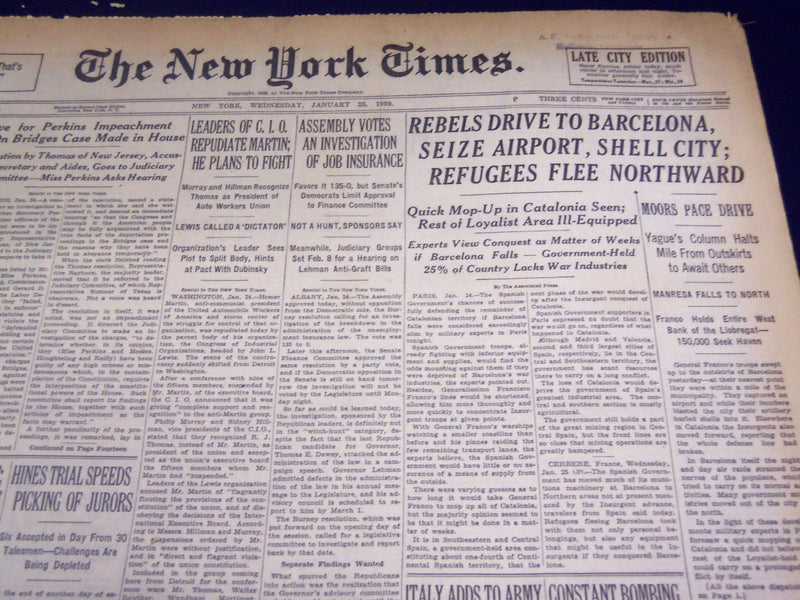1939 JAN 25 NEW YORK TIMES - REBELS DRIVE TO BARCELONA - SEIZE AIRPORT - NT 500