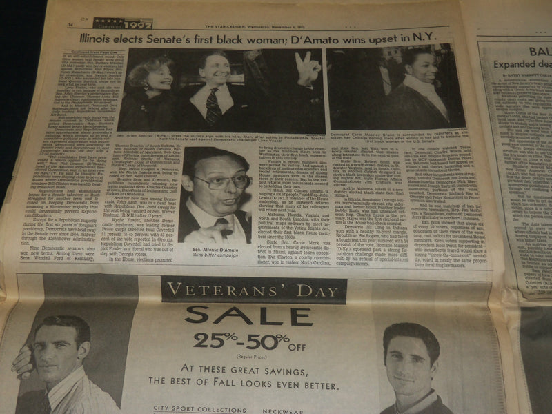 1992 NOVEMBER 4 THE STAR-LEDGER NEWSPAPER - CLINTON ROUTS BUSH - NP 4907