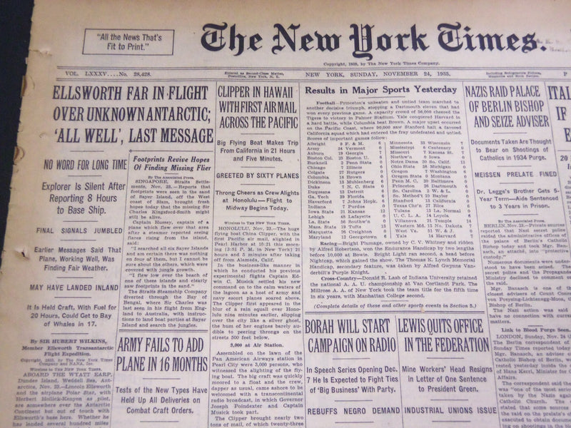 1935 NOV 24 NEW YORK TIMES - ELLSWORTH FAR IN FLIGHT OVER ANTARCTIC - NT 4877