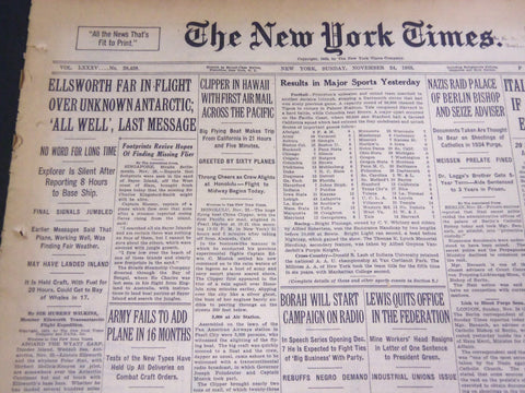 1935 NOV 24 NEW YORK TIMES - ELLSWORTH FAR IN FLIGHT OVER ANTARCTIC - NT 4877