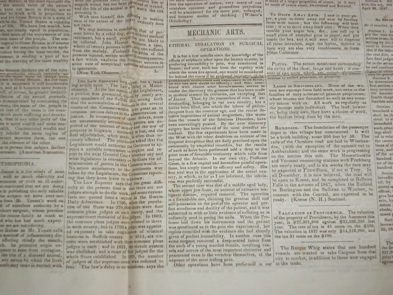 1847 SEPTEMBER 4 MASSACHUSETTS PLOUGHMAN NEWSPAPER -ETHERAL INHALATION - NP 5149