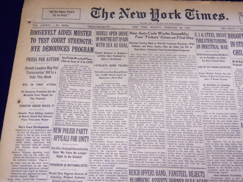 1937 FEBRUARY 22 NEW YORK TIMES - ROOSEVELT TO TEST COURT STRENGTH - NT 3407