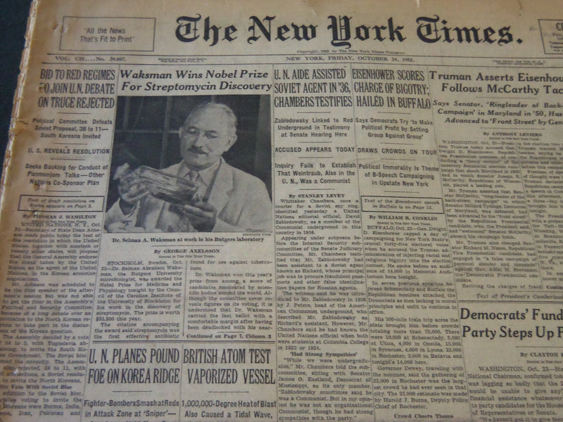 1952 OCT 24 NEW YORK TIMES - WAKSMAN WINS NOBEL PRIZE FOR STREPTOMYEIN - NT 5788