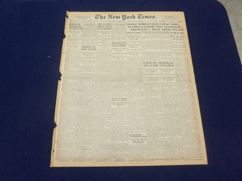 1917 MAY 3 NEW YORK TIMES - WHOLE WORLD FACES U-BOAT PERIL - NT 9132