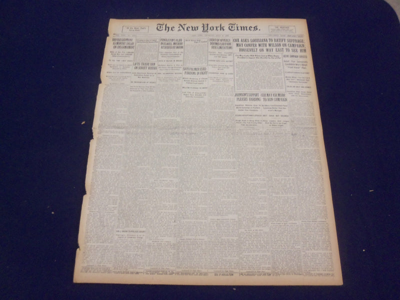1920 JULY 8 NEW YORK TIMES - COX ASKS LOUISIANA TO RATIFY SUFFRAGE - NT 9324