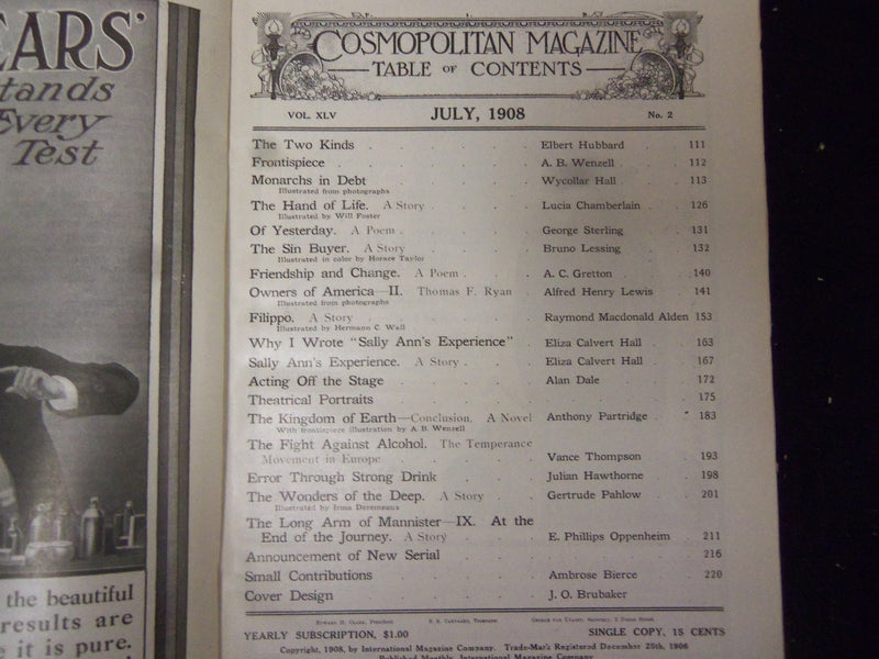 1908 JULY COSMOPOLITAN MAGAZINE - NICE COVER, ADS AND ARTICLES - ST 3023