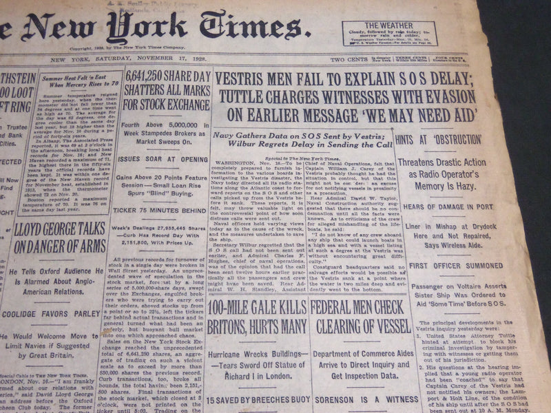 1928 NOVEMBER 17 NEW YORK TIMES - VESTRIS MEN FAIL TO EXPLAIN SOS DELAY- NT 6932
