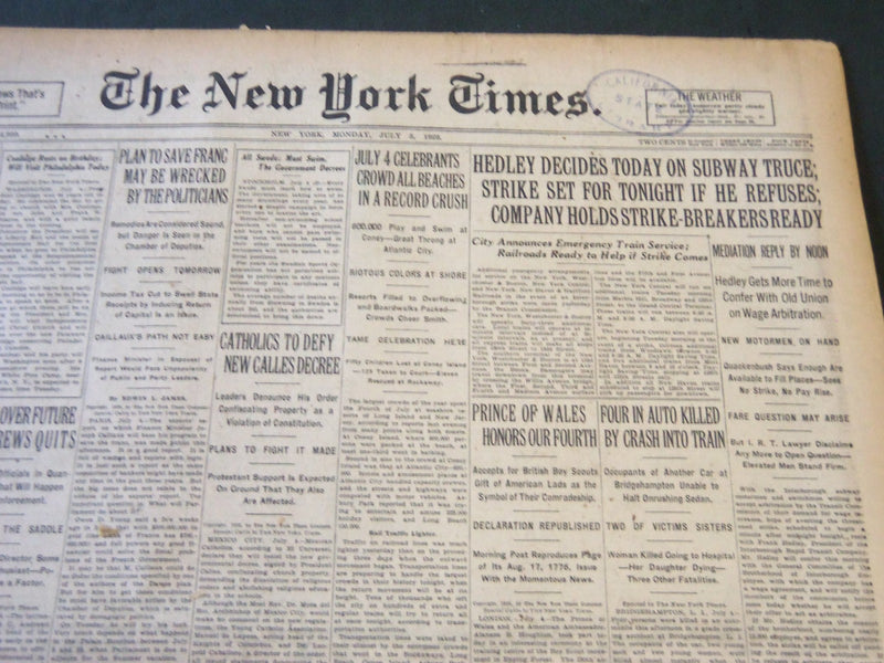 1926 JULY 5 NEW YORK TIMES - HEDLEY DECIDES TODAY ON SUBWAY TRUCE - NT 5567
