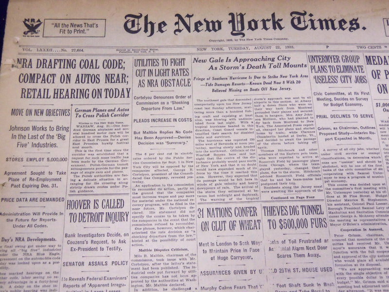 1933 AUGUST 22 NEW YORK TIMES - NRA DRAFTING COAL CODE - NT 3850