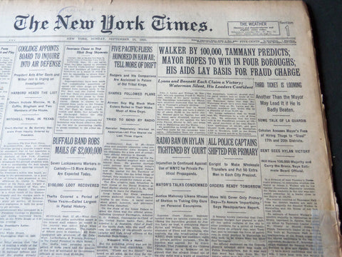 1925 SEPTEMBER 13 NEW YORK TIMES - WALKER BY 100,000 TAMMANY PREDICTS - NT 7211