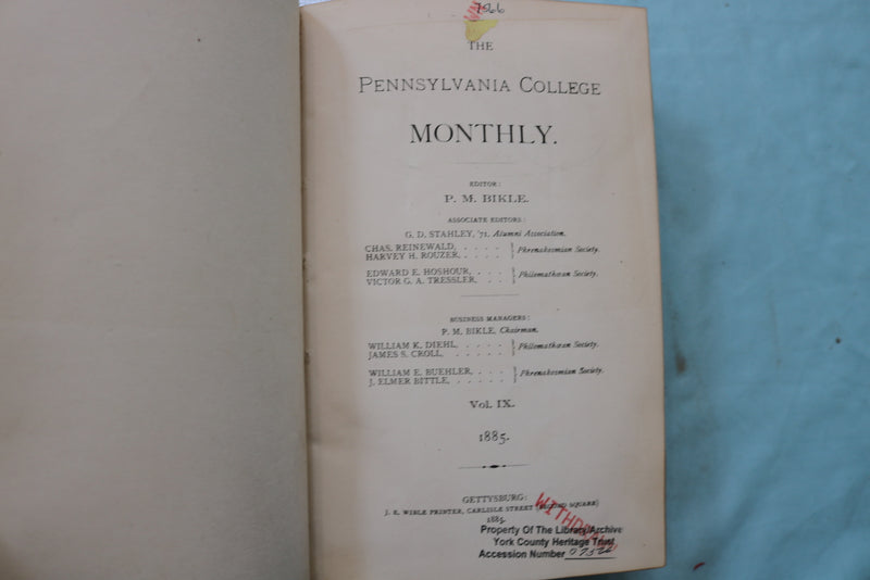 1877-1890 PENNSYLVANIA COLLEGE MONTHLY BOUND VOLUMES - LOT OF 7 - KD 9561