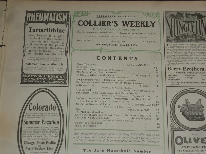 1903 MAY 23 COLLIER'S MAGAZINE - STORIES BY E. NESBIT & S. WEYMAN - ST 6669