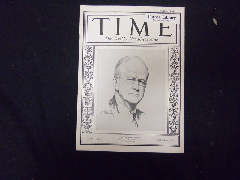 1926 AUGUST 16 TIME MAGAZINE - ARTHUR BRISBANE - T 78