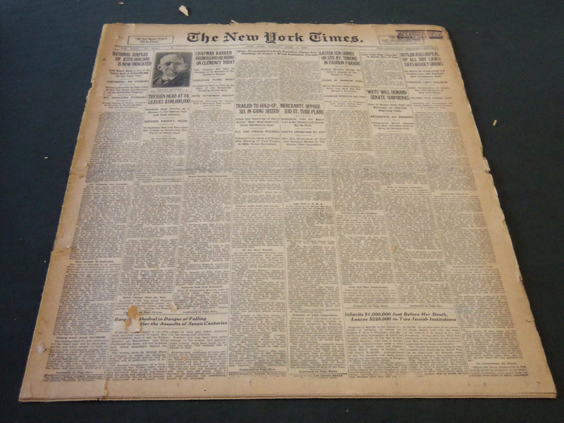 1926 APRIL 5 NEW YORK TIMES - THYSSEN DEAD AT 84 LEAVES $100,000,000 - NT 5686