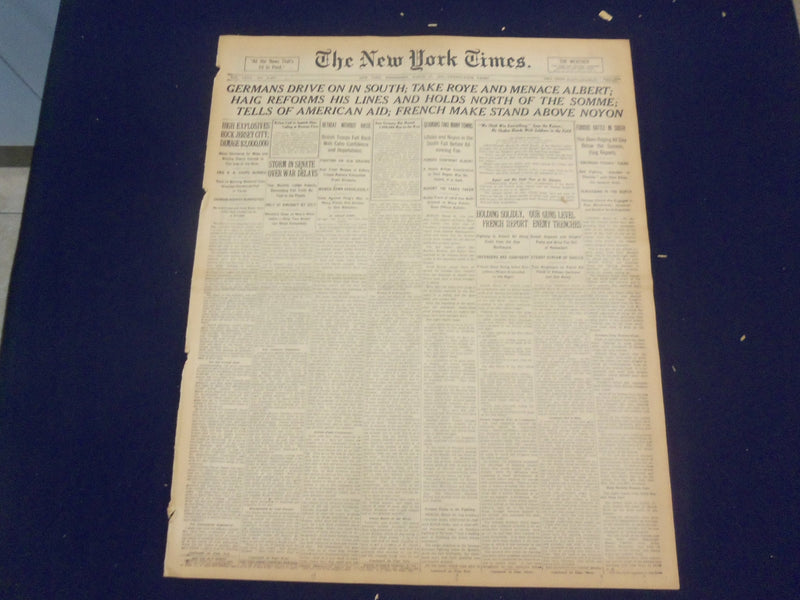 1918 MARCH 27 NEW YORK TIMES - GERMANS TAKE ROYE AND MENACE ALBERT - NT 8158