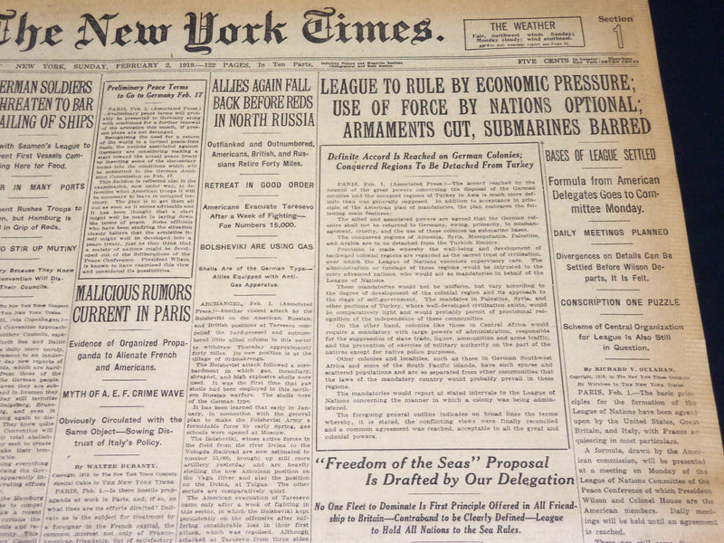 1919 FEBRUARY 2 NEW YORK TIMES - LEAGUE TO RULE BY ECONOMIC PRESSURE - NT 7957