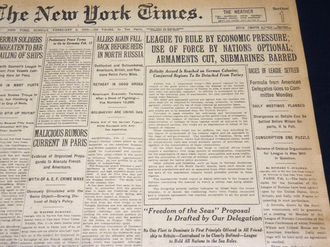 1919 FEBRUARY 2 NEW YORK TIMES - LEAGUE TO RULE BY ECONOMIC PRESSURE - NT 7957