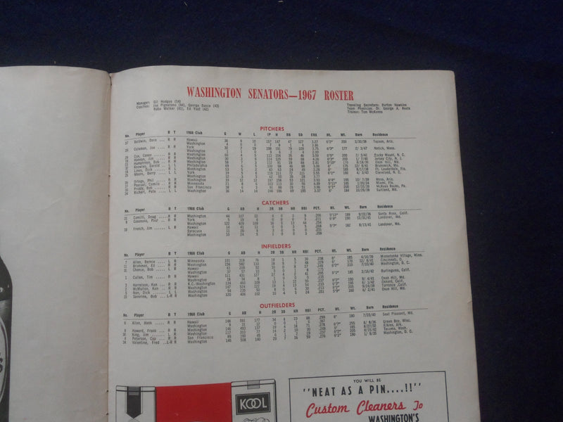 1967 WASHINGTON SENATORS VS. NEW YORK YANKEES SCORECARD - J 8399