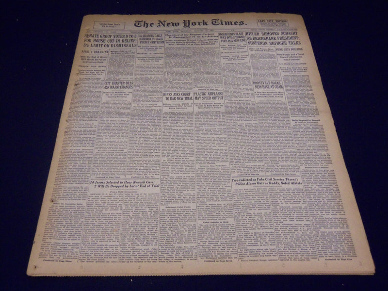 1939 JAN 21 NEW YORK TIMES - HITLER REMOVES SCHACHT, JACOB RUPPERT WILL - NT 447