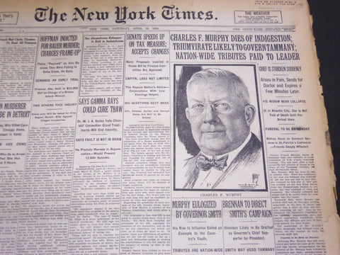 1924 APRIL 26 NEW YORK TIMES - CHARLES MURPHY DIES OF INDIGESTION - NT 5078