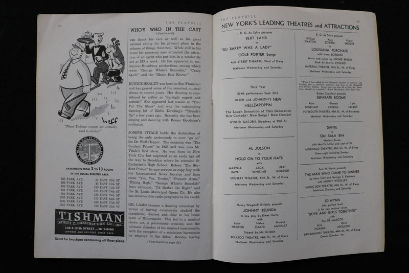 1940 HOLD ON TO YOUR HATS PROGRAM - THE PLAYBILL - AL JOLSON - K 3045