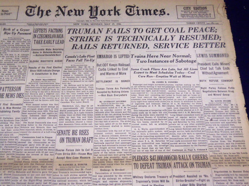 1946 MAY 27 NEW YORK TIMES - TRUMAN FAILS TO GET COAL PEACE - NT 3224