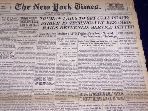 1946 MAY 27 NEW YORK TIMES - TRUMAN FAILS TO GET COAL PEACE - NT 3224