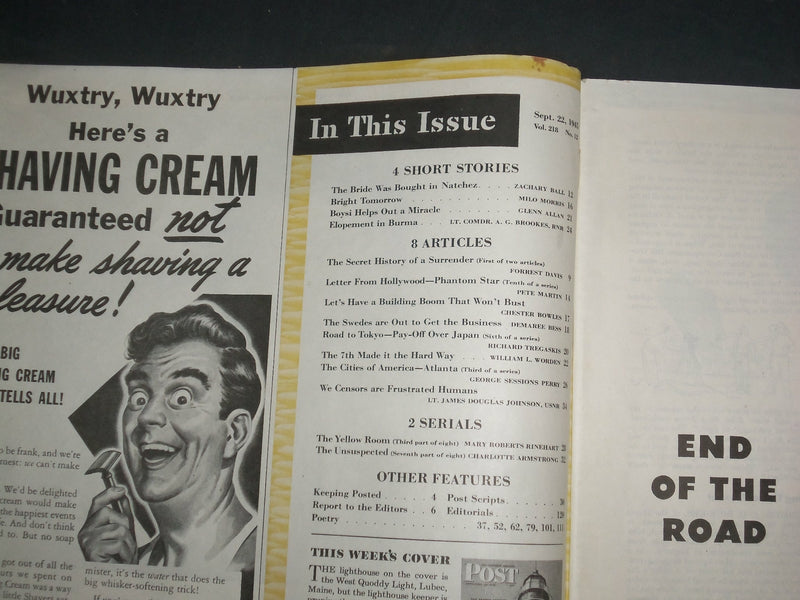 1945 SEPTEMBER 22 THE SATURDAY EVENING POST MAGAZINE-ILLUSTRATED COVER- SP 2476X