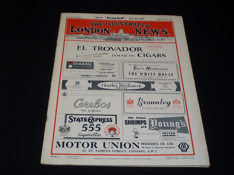 1957 FEBRUARY 2 ILLUSTRATED LONDON NEWS MAGAZINE NICE COVERS & ADS - E 4259